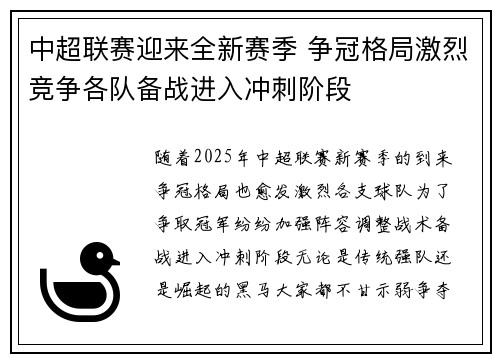 中超联赛迎来全新赛季 争冠格局激烈竞争各队备战进入冲刺阶段