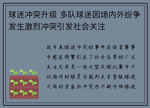 球迷冲突升级 多队球迷因场内外纷争发生激烈冲突引发社会关注