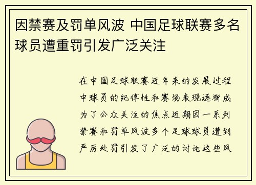 因禁赛及罚单风波 中国足球联赛多名球员遭重罚引发广泛关注